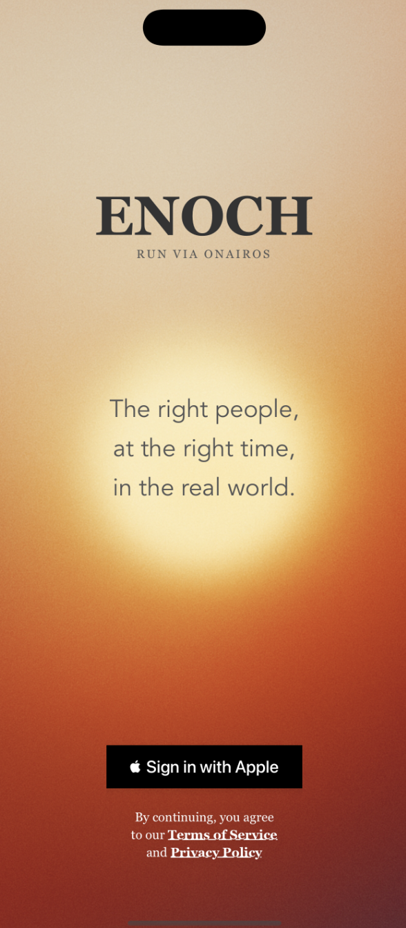 Enoch app interface showing the tagline 'The right people, at the right time, in the real world'