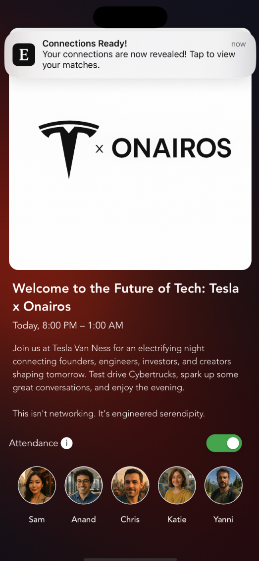 Tesla x Onairos event app showing connections and attendees for a networking event